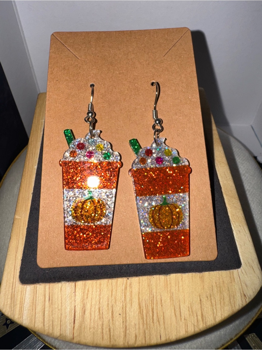 Glitter Pumpkin Spice Drink Dangle Earrings - Orange & Silver